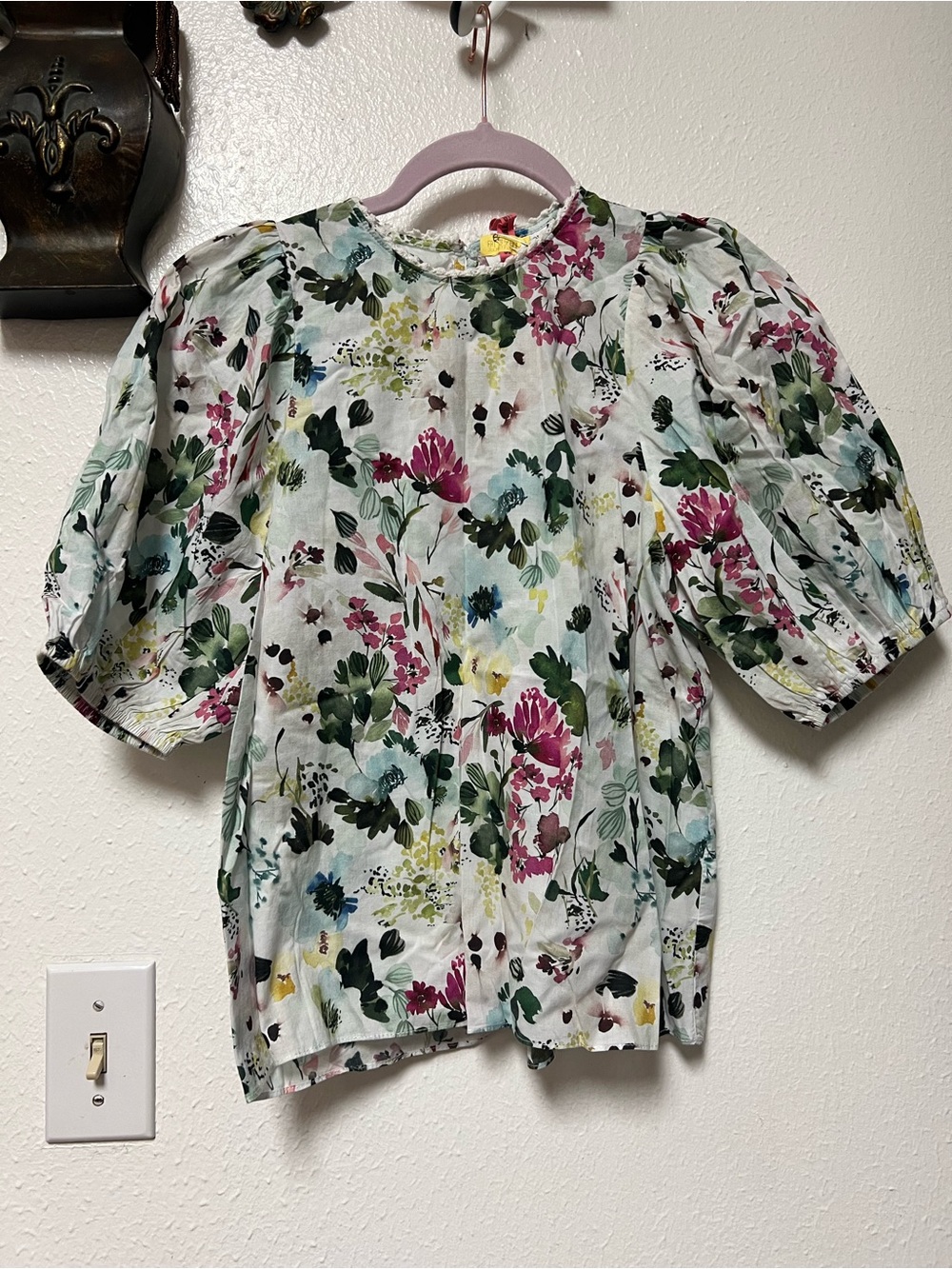 Floral Puff-Sleeve Blouse - White with Pink & Green Floral